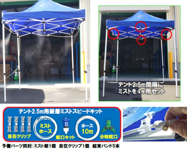 2.5ｍテント用後付けミスト 簡単装着ウォーターミストスピードキット 簡易シャワー ミストホース7.5ｍ ホース10m付き 熱中症対策 結一産業