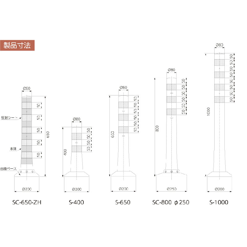 ガードコーン H400mm 接着式（φ200汎用タイプ）全面反射仕様 S-400-ZH ポストコーン 車線分離標 ニッタ加工 NITTA