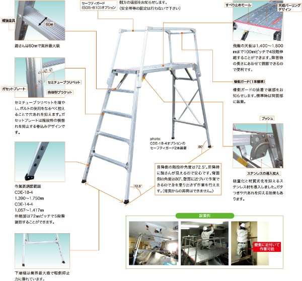 可搬式作業台 『飛龍 1型』軽量一体式  脚伸縮・天板伸縮タイプ CDE-14-4 NAKAO ナカオ