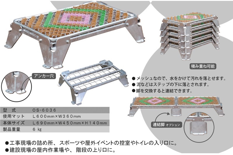 泥落とし踏み台 ワンステップ タンポポマット付 OS-6036 690mm×450mm×H140mm 仮設ハウス・仮設トイレ向け段差軽減昇降台 マルサ