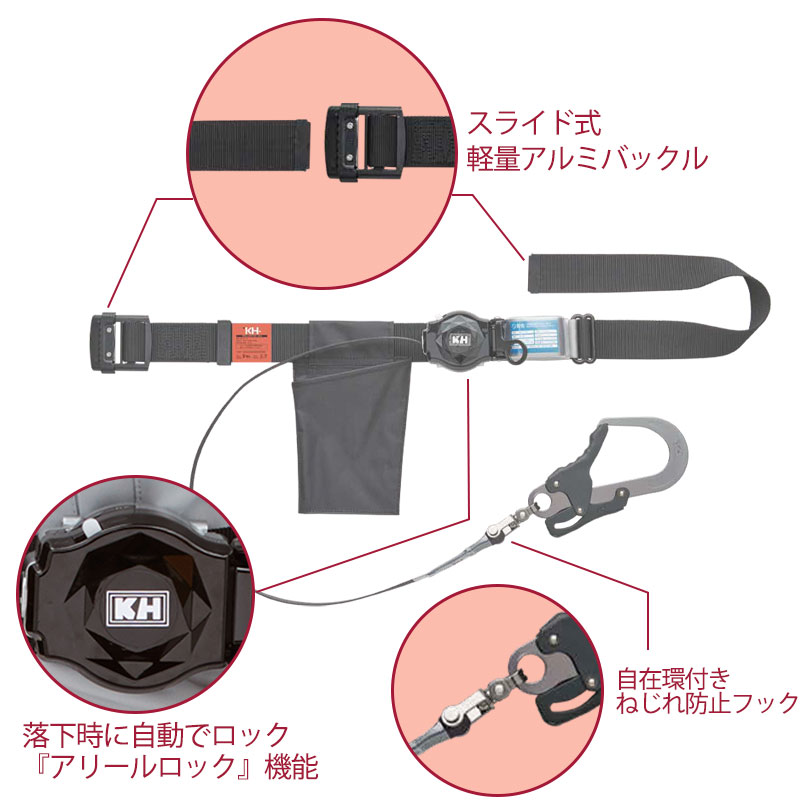 ロック機能付胴ベルト アルミスライド式 新規格対応  胴ベルト型安全帯 巻き取り式ランヤード付き Ｍサイズ D-AKMJDAK 1200mm 基陽 KH 胴ベルト型墜落制止用器具