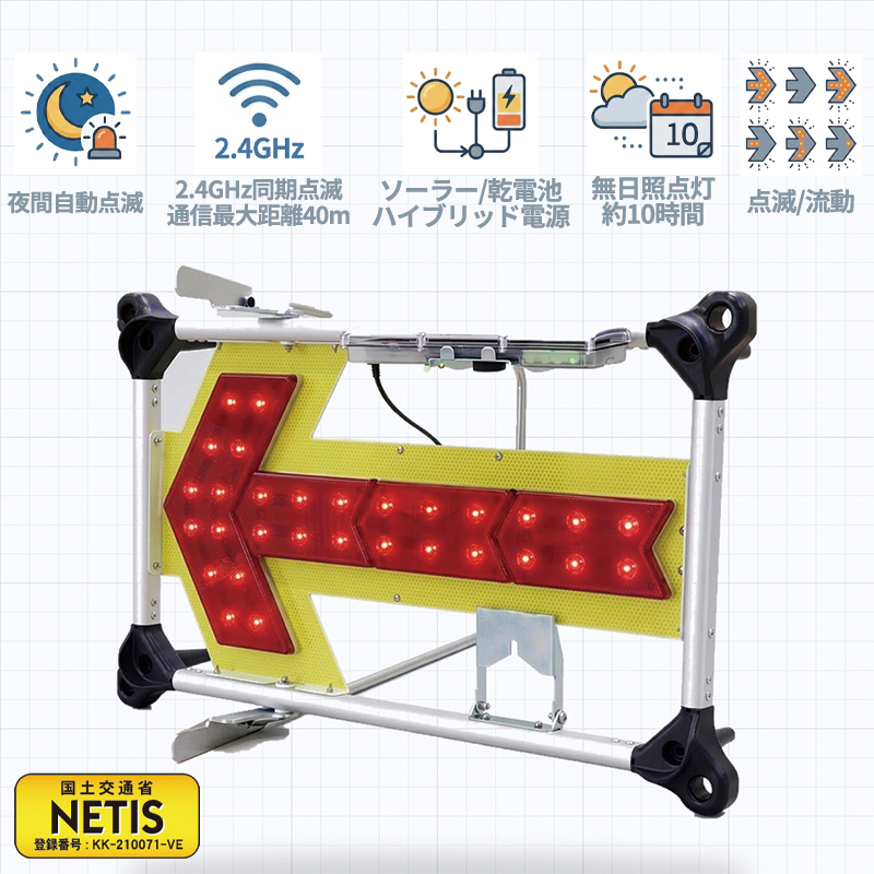 同期型LED矢印板 エアロアローIV KAD-004 H505mm×W775mm×D130mm ソーラー・電池ハイブリッド仕様 夜間自動点滅 2.4GHz同期 点滅流動 方向指示板