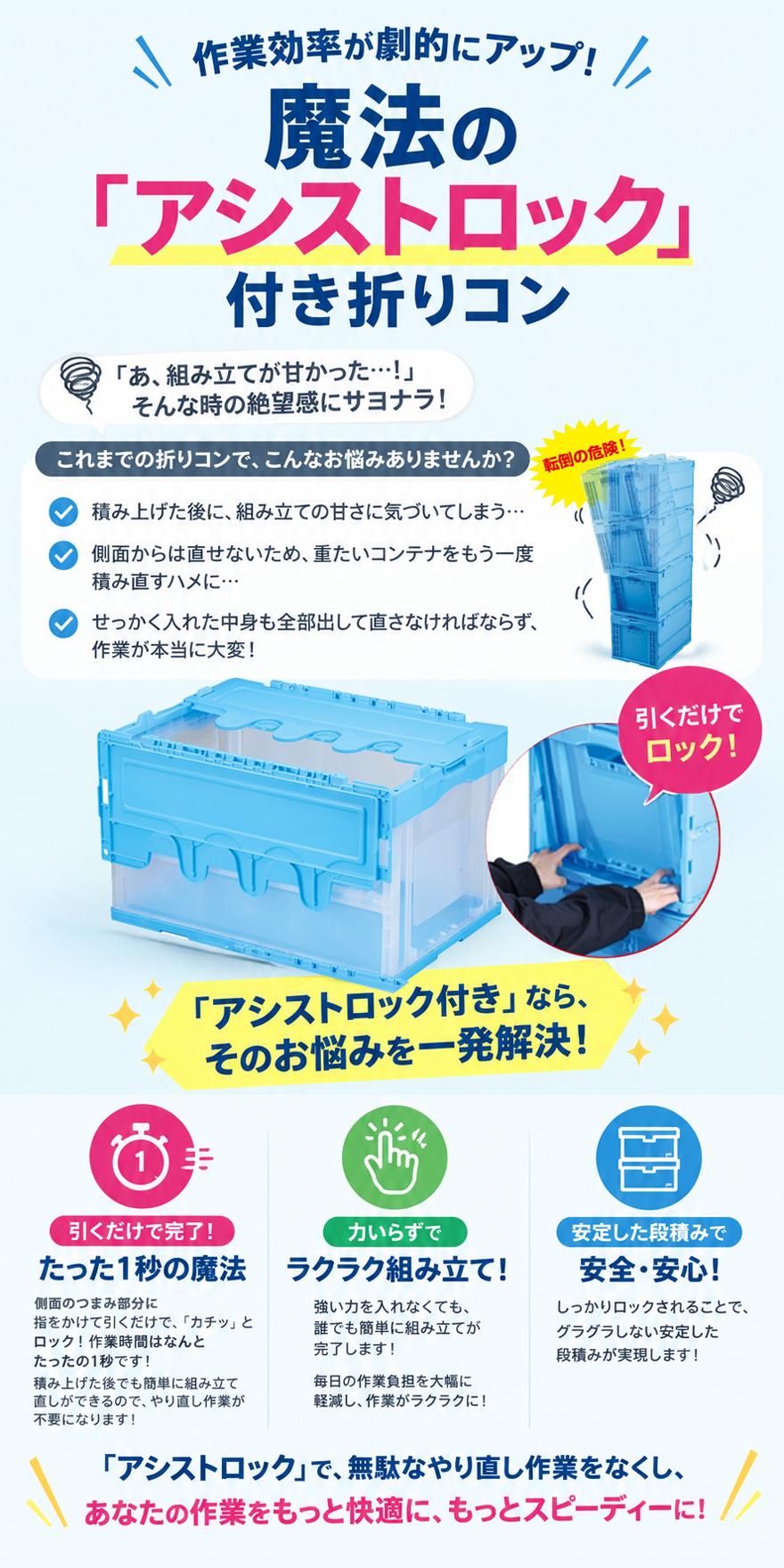 アシストロック付き折りたたみコンテナー