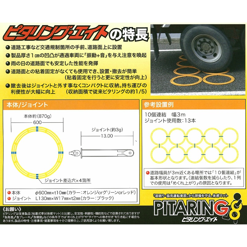 【10個連結型】ピタリング8 本体10個+ジョイント13個入りセット φ600mm×t10mm 簡易式体感マット 道路振動 居眠り・脇見運転防止 日本仮設株式会社