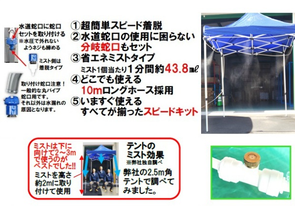2.5ｍテント用後付けミスト 簡単装着ウォーターミストスピードキット 簡易シャワー ミストホース7.5ｍ ホース10m付き 熱中症対策 結一産業