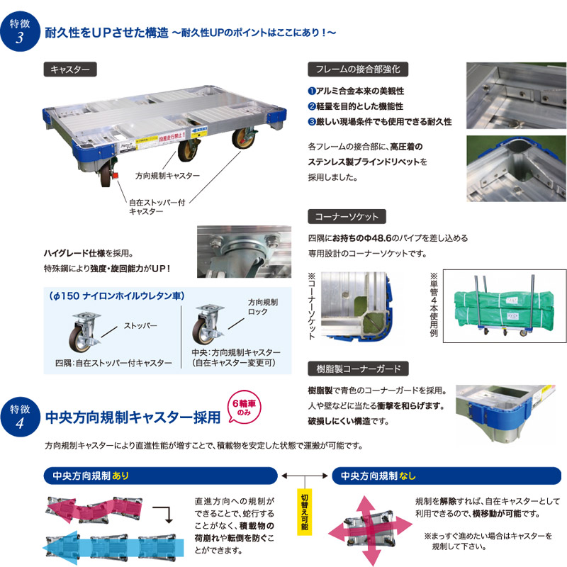 平台車 アルロックキャリー 6輪車 AHK-1型 アルミニウム合金製 1200mm×745mm×250mm パイプ台車 アルミ NAKAO ナカオ