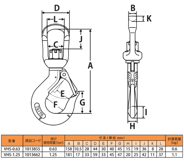 Vベルフック VHS-0.63 スイベル式フック 使用荷重0.63t 1013855 吊り金具 吊り具・玉掛用具 大洋製器工業  TAIYO｜保安用品のプロショップメイバンオンライン