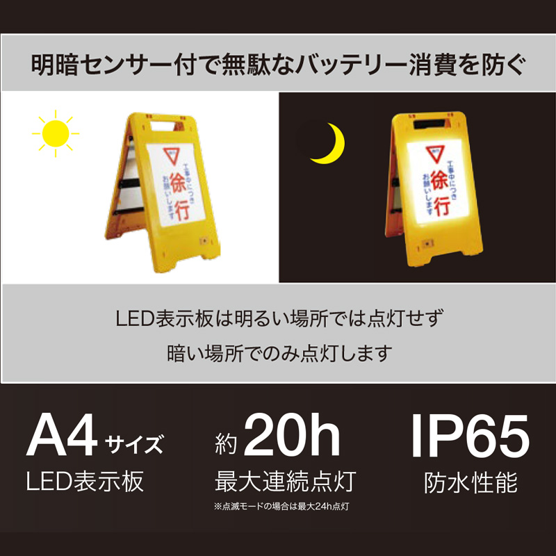 LEDフロアスタンド標識 280mm×40mm×530mm ソーラー/USB充電式  IP65 明暗センサー付 A4サイズ標示(片面) バッテリー内蔵LED立看板 折りたたみ式 SW23-07 SHOWA 昭和商会