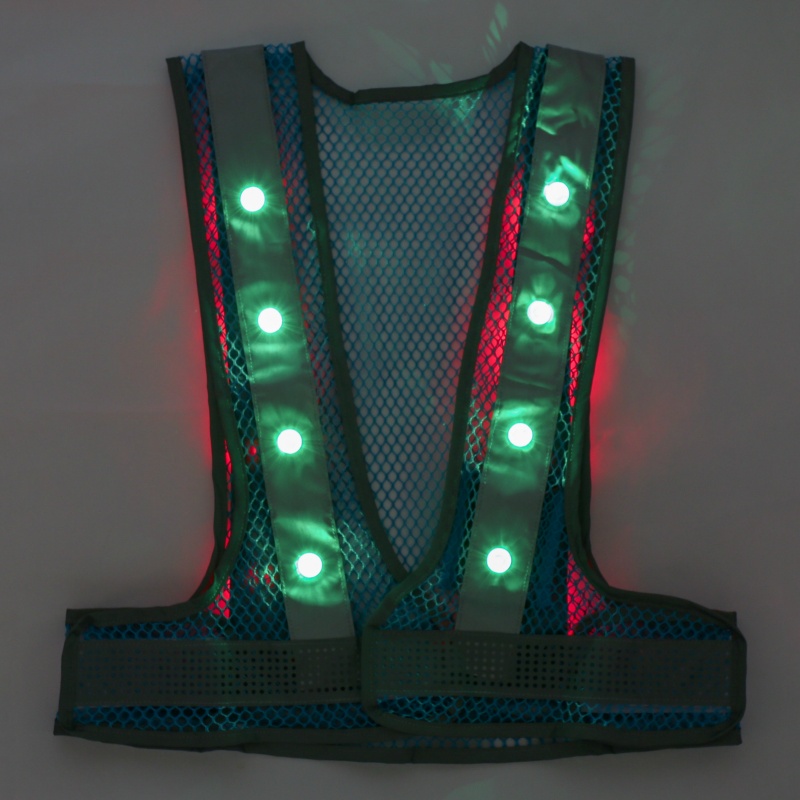 【5着セット】メッシュベスト 前面:緑LED/背面:赤LEDアラベス アクアブルー/シルバー 粗いメッシュ 通気性抜群 高視認性 夜間 工事現場 交通整備 熱中症対策 MBL-LED-ABS-GR 三ツ星貿易