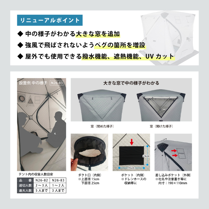 【1950mm×1950mm/リニューアルモデル】快適テント THERMAFIX サーマフィックス 折りたたみ可能 収納バッグ付 撥水 遮熱 UVカット 収容人数最大3人 夏冬兼用 高機能休憩スペース N26-83