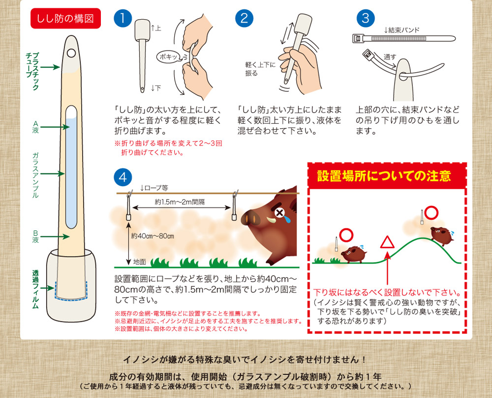 【20本入/イノシシ忌避剤】 しし防 スティックタイプ 約1年間効果持続 猪撃退 獣害対策フェンス・電気柵用 簡単設置 メンテナンスフリー 栄宝