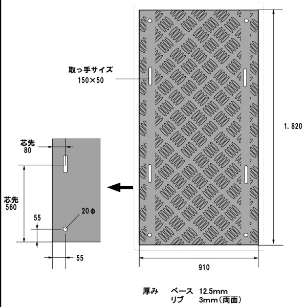 樹脂製敷板 BANBAN バンバン 3×6  910mm×1820mm t15.5mm 片面リブ AR-4069 ポリエチレン製 養生用 歩行通路 防音・防振 すべり止め 軽量 アラオ ARAO