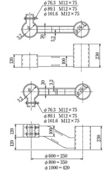 カーブミラー用 二面鏡用 W金具 支柱径101.6φ用  101.6×76.3