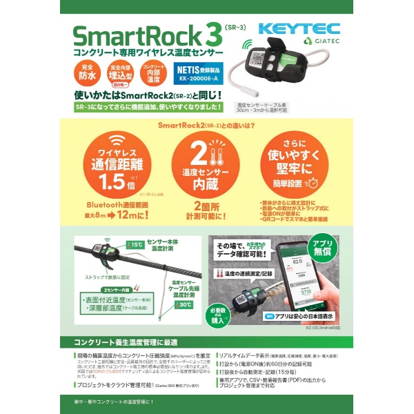 【20個セット】ワイヤレス コンクリート温度センサー SmartRock3 3mケーブル付 コンクリート専用 KEYTEC キーテック NETIS登録製品 Giatec社