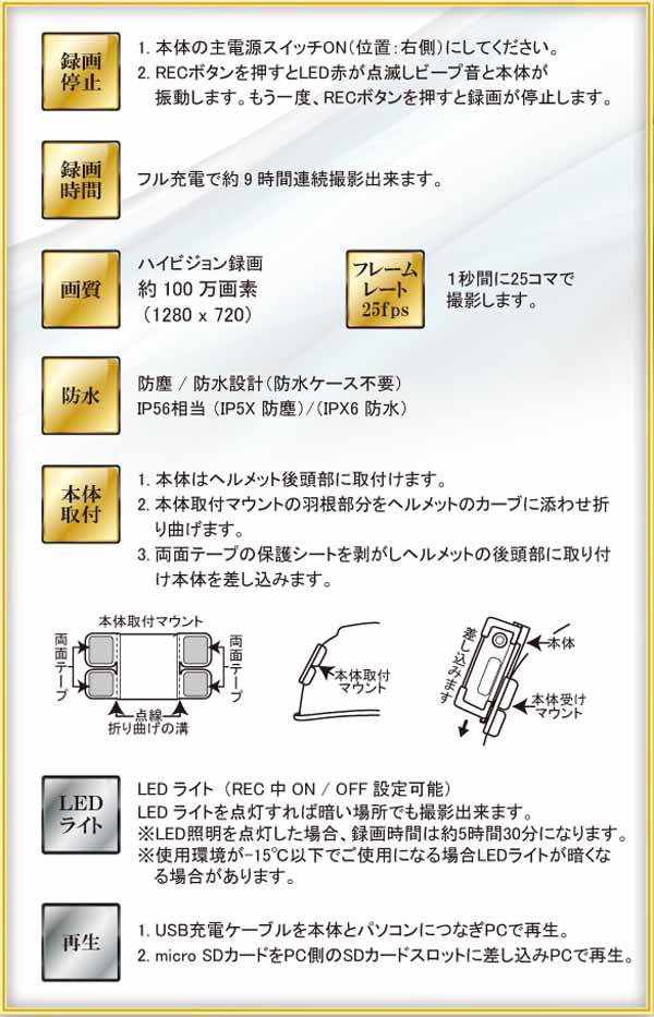 ヘルメット装着型ウェアラブルカメラ 760mm×790mm×28mm Driveman SP-10 HD720P(1280×720) 防水防塵IP56相当 ハイビジョン録画 25fps 専用microSDカード付属 連続9時間録画