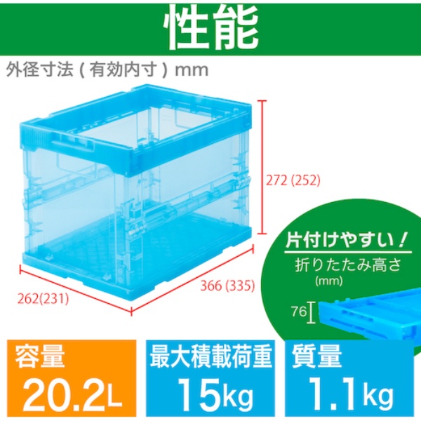 オリコン スケルコン α折畳 コンテナ 20L 透明ブルー TR-S20B B 366mm×262mm×272mm 収納ケース TRUSCO トラスコ