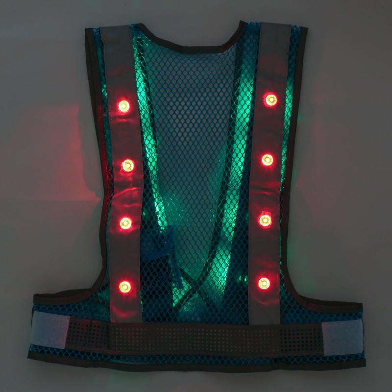 【5着セット】メッシュベスト 前面:緑LED/背面:赤LEDアラベス アクアブルー/シルバー 粗いメッシュ 通気性抜群 高視認性 夜間 工事現場 交通整備 熱中症対策 MBL-LED-ABS-GR 三ツ星貿易