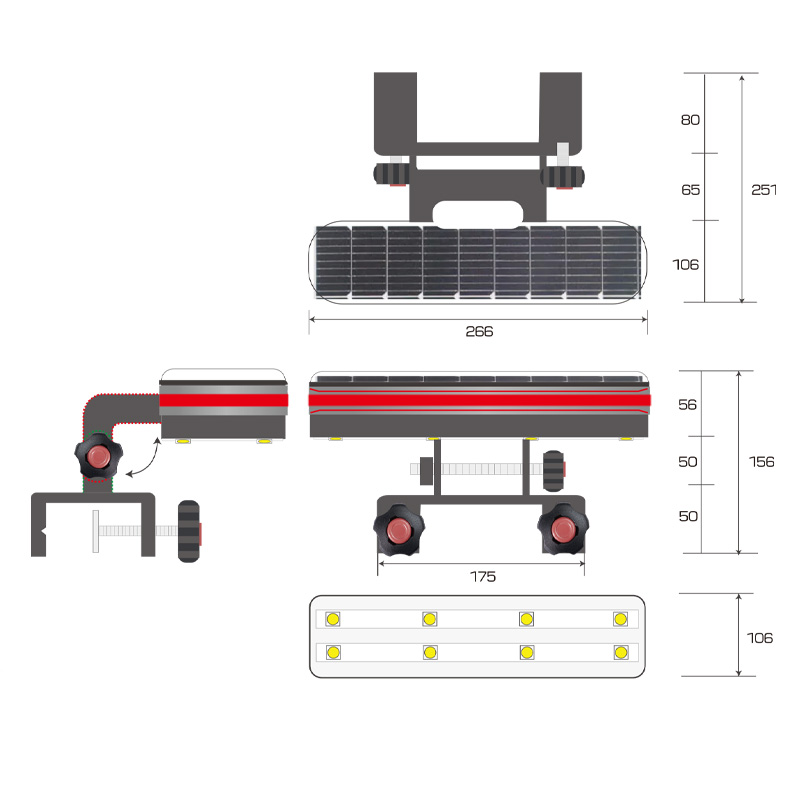 ソーラー式工事看板用LEDライト 2ライン照らすW266mm×T251mm×H156mm 薄暮時レッド 夜間時ブルー 連続点灯最長3日 NETIS登録 TH-250007-A 2LINE照らす