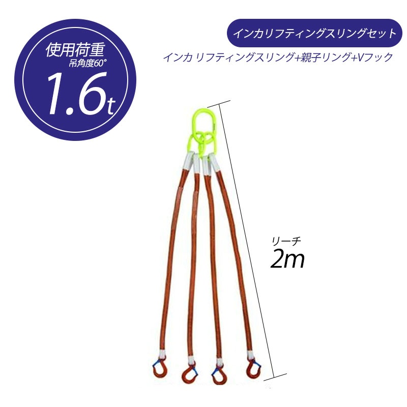4本吊り】 インカ リフティングスリングセット ベルトタイプ 1.6t用×2m