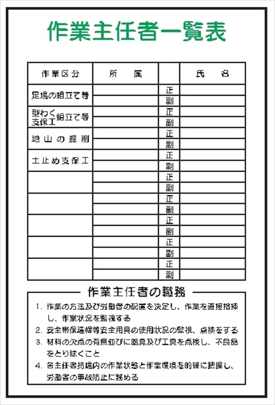 イラスト標識 【作業主任者一覧表】 ＷＦ17 900mm×600mm マンガ標識