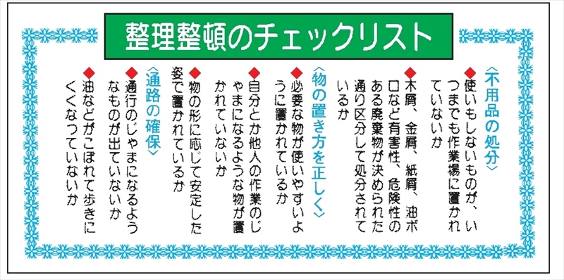 モラル標識 【整理整頓のチェックリスト】 500×1000×1.5m/m