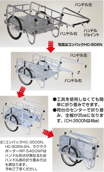 リヤカー 折畳み式 アルミ製 コンパック 側面アルミパネル付タイプ ノーパンクタイヤ HC-906NA 積載重量180kg リアカー 荷車 HARAX  ハラックス｜保安用品のプロショップメイバンオンライン