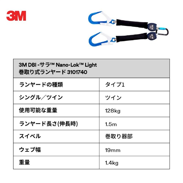 ☆未使用☆3M スリーエム DBI-サラ Nano-Lok Light 128kg 1.5m 巻取り式ランヤード ツイン 3101740 フルハーネス用 ツインランヤード 68891