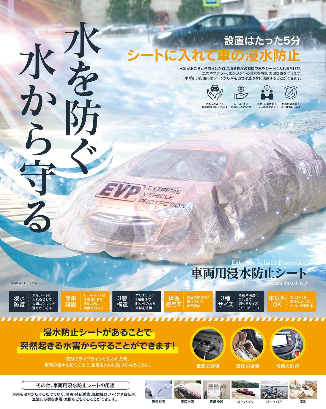 【～中型セダン】車両用浸水防止シート Mサイズ 6700mm×3150mm  カーカバー ボディカバー 防災 災害 水害 冠水 洪水 雨漏り 降雪 降灰 車 バイク 大きなビニール袋