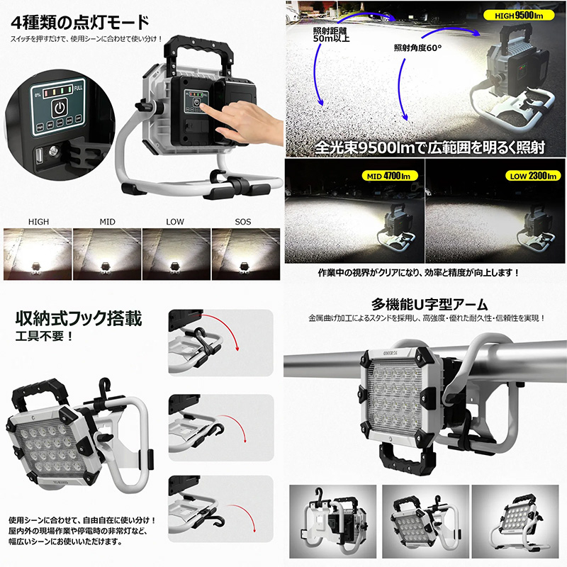 【マキタバッテリー対応】充電式LED投光器 ワークライト 明るさ最大9500lm 100W相当 USB出力 3WAY設置対応 耐衝撃 現場 防災 キャンプ YC-M100D グッドグッズ
