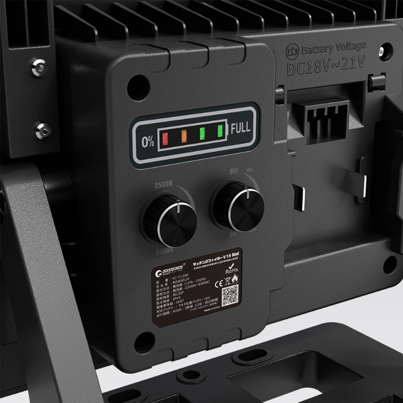 【マキタバッテリー対応】バッテリー着脱式LED投光器 マッチングファイター18V Dual 明るさ最大5800lm 120W IPX4 耐衝撃IK07 現場 防災 キャンプ YC-T120K グッドグッズ