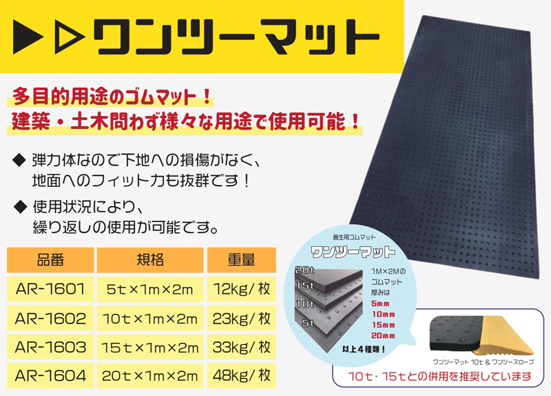 ワンツーマット 厚さ15mm 1000mm×2000mm AR-1603 養生用ゴムマット 歩行通路 防音・防振 すべり止め ラバーマット アラオ ARAO