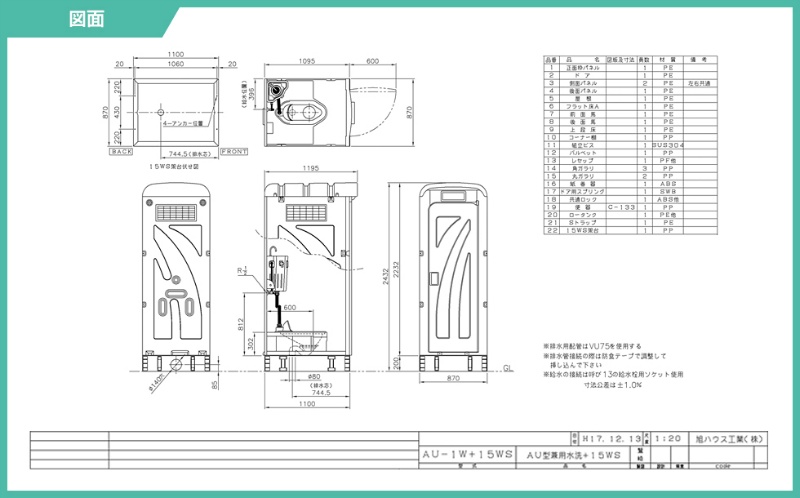 仮設トイレ 和式 本水洗 AUG-1W+15WS 兼用水洗 架台付き W870mm×D1195mm×H2432mm AUシリーズ 屋外用 現場・イベント向け 旭ハウス工業