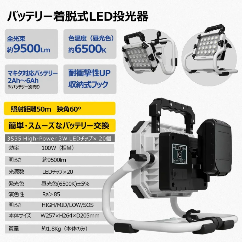 【マキタバッテリー対応】充電式LED投光器 ワークライト 明るさ最大9500lm 100W相当 USB出力 3WAY設置対応 耐衝撃 現場 防災 キャンプ YC-M100D グッドグッズ