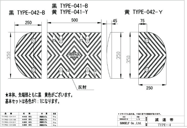 コンクリート施工用】 減速帯 減速くん TYPE4 3mセット W3500mm×D350mm×H45mm 本体5枚・先端2枚・専用アンカー付属  ゴム製ロードハンプ サンセルフ SUNSELF｜保安用品のプロショップメイバンオンライン