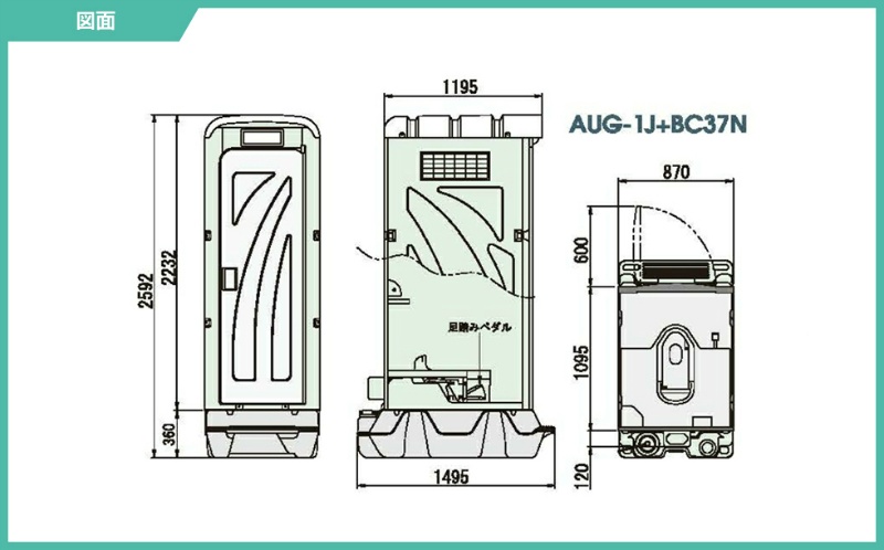 仮設トイレ 和式 軽水洗 AUG-1J+BC37N ペダル式兼用 便槽付き W870mm×D1495mm×H2592mm AUシリーズ 屋外用 現場・イベント向け 旭ハウス工業