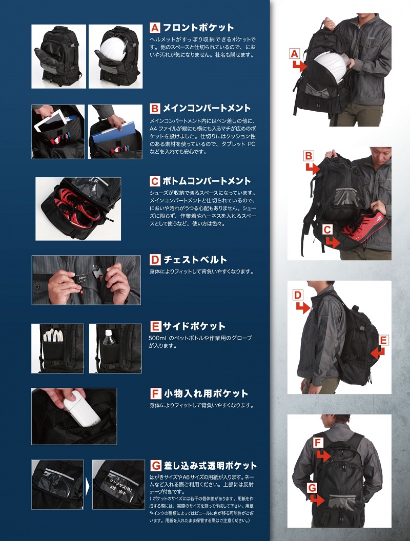 大容量・大型リュック 現場用バッグ 29L 520mm×350mm×160mm GBSH-01 SHOWA  GENBAG｜保安用品のプロショップメイバンオンライン