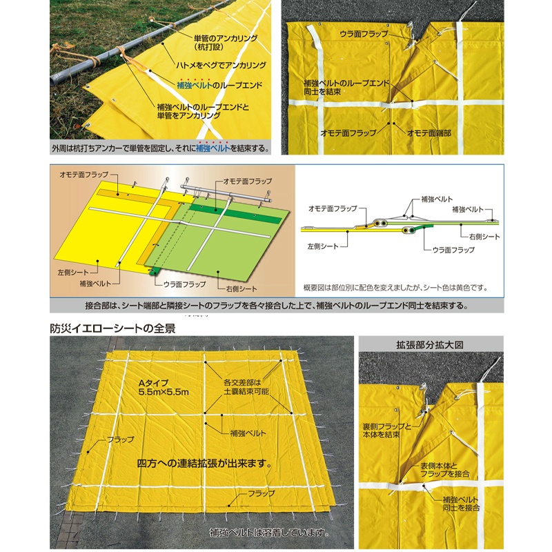 防災イエローシート 10m×10m Cタイプ NETIS QS-2000048-A 補強ベルト フラップ付 高耐久保護シート 災害応急復旧用シート 屋根 法面 仮設盛土 残土養生 防草 防水 トータル環境