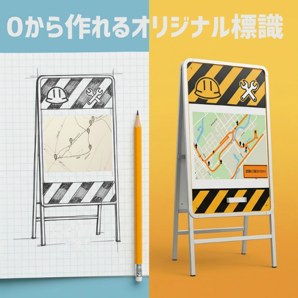 【見積】オリジナル標識 工事現場 標識 デザイン プラスチック製/アルミ複合板 完成工法説明図