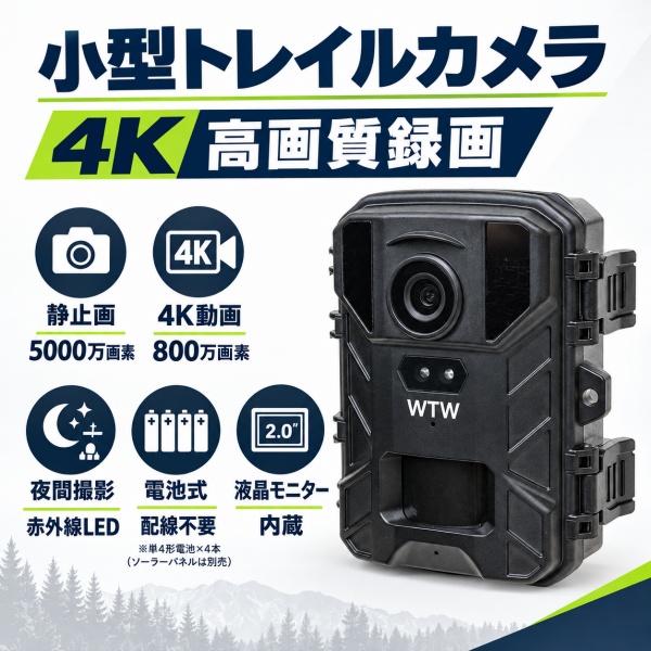トレイルカメラ WTW-TC39 静止画5000万画素・動画4K800万画素 屋外対応 小型トレイルカメラ モーション自動録画 屋外防水 電池式 害獣対策 塚本無線