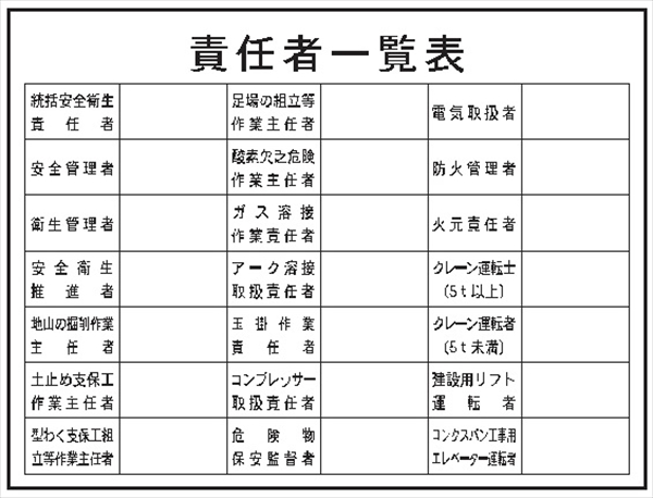 事務所用掲示物　 【責任者一覧表】 ＰＰ製 掲示8 450×600mm