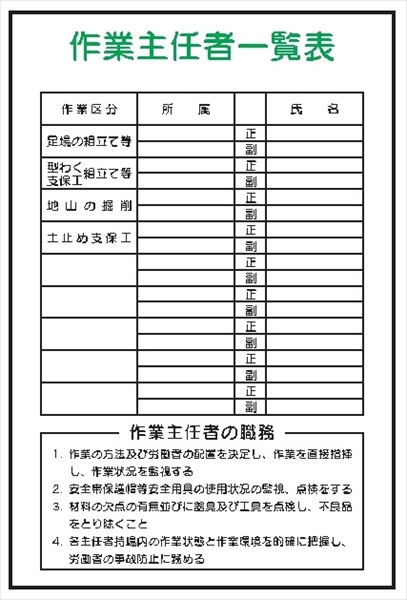 イラスト標識 【作業主任者一覧表】 ＷＦ17 900mm×600mm マンガ標識