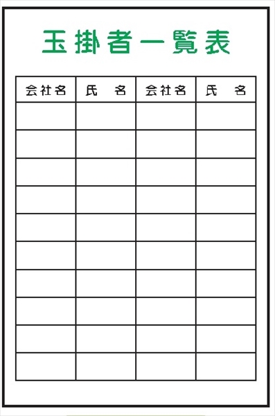イラスト標識 【玉掛者一覧表】 ＷＦ34 900mm×600mm マンガ標識