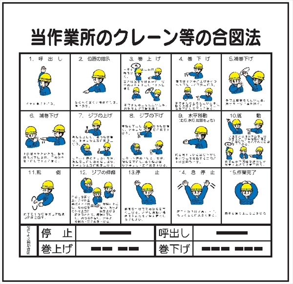 建設機械関連標識 【当作業所のクレーン等の合図法】 900mm×900mm W42
