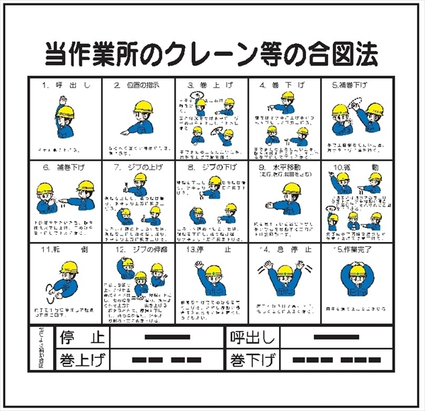 建設機械関連標識 【当作業所のクレーン等の合図法】 600mm×600mm W220