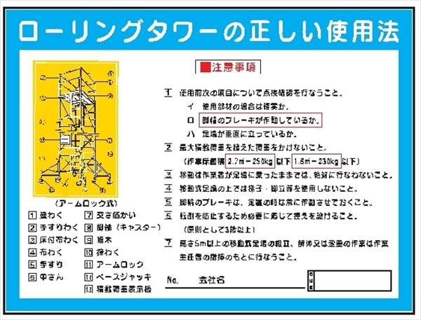 建設機械関連標識 【ローリングタワーの正しい使用法】 900mm×1200mm WG3