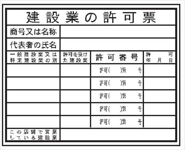 法令表示板 【建設業の許可票】　事務所用   ＨＡ１ 400×500mm