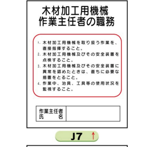 作業主任者職務表示板【木材加工用機械】 Ｊ7 500mm×400mm