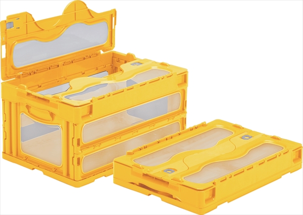 折り畳み式コンテナー マドコン フタ一体型 Cタイプ  C-40B 41.5L イエロー 530mm×366mm×281mm(95mm) 4側面+フタ窓付き フレーム構造 収納ケース サンコー