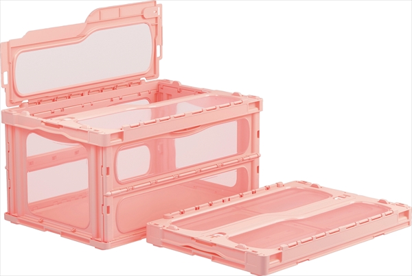 【5個セット】軽量・薄型 折り畳み式コンテナー マドコンライト フタ一体型 Cタイプ  C-75B 76.0L ピンク 649mm×439mm×340mm(71mm) 4側面+フタ窓付き フレーム構造 収納ケース サンコー
