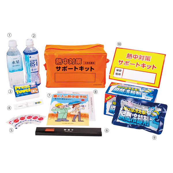 熱中対策サポートキット 10点セット 熱中症応急キット ミネラルウォーター 経口補水液OS-1 プレスタオル カード式体温計 塩 扇子 冊子 緊急連絡用紙 瞬間冷却剤 ポスター HMK-1 402-2170
